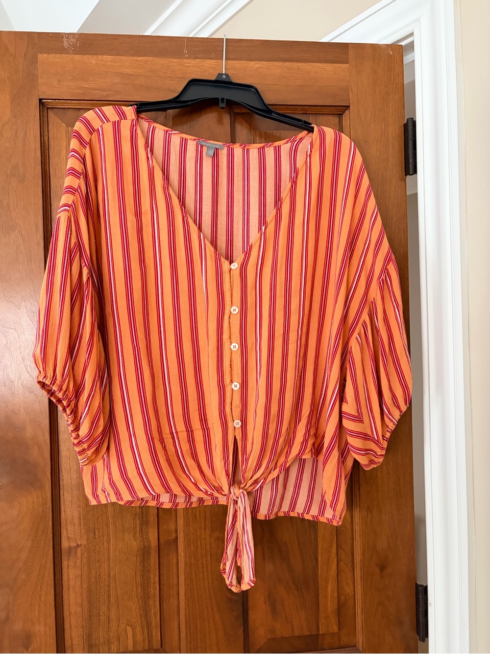 Charlotte Russe Orange and Red Pin Striped Tie-Front Button Blouse